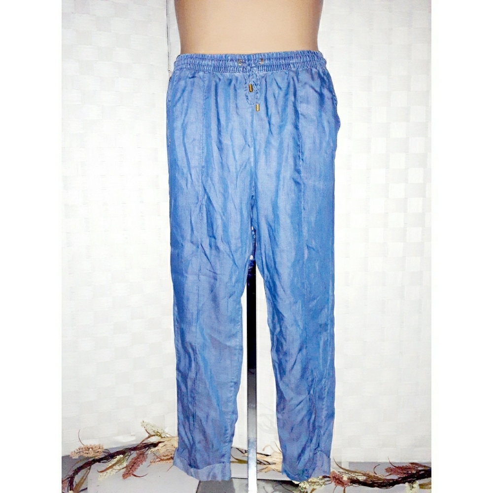 Ellen Tracy Drawstring Cuffed Ankle Chambray Pants - image 1